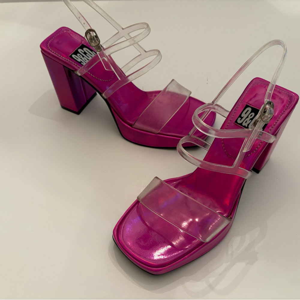 Vintage 1990s Y2K Iridescent Hot Pink Platform Shoes Clear Straps NWOB